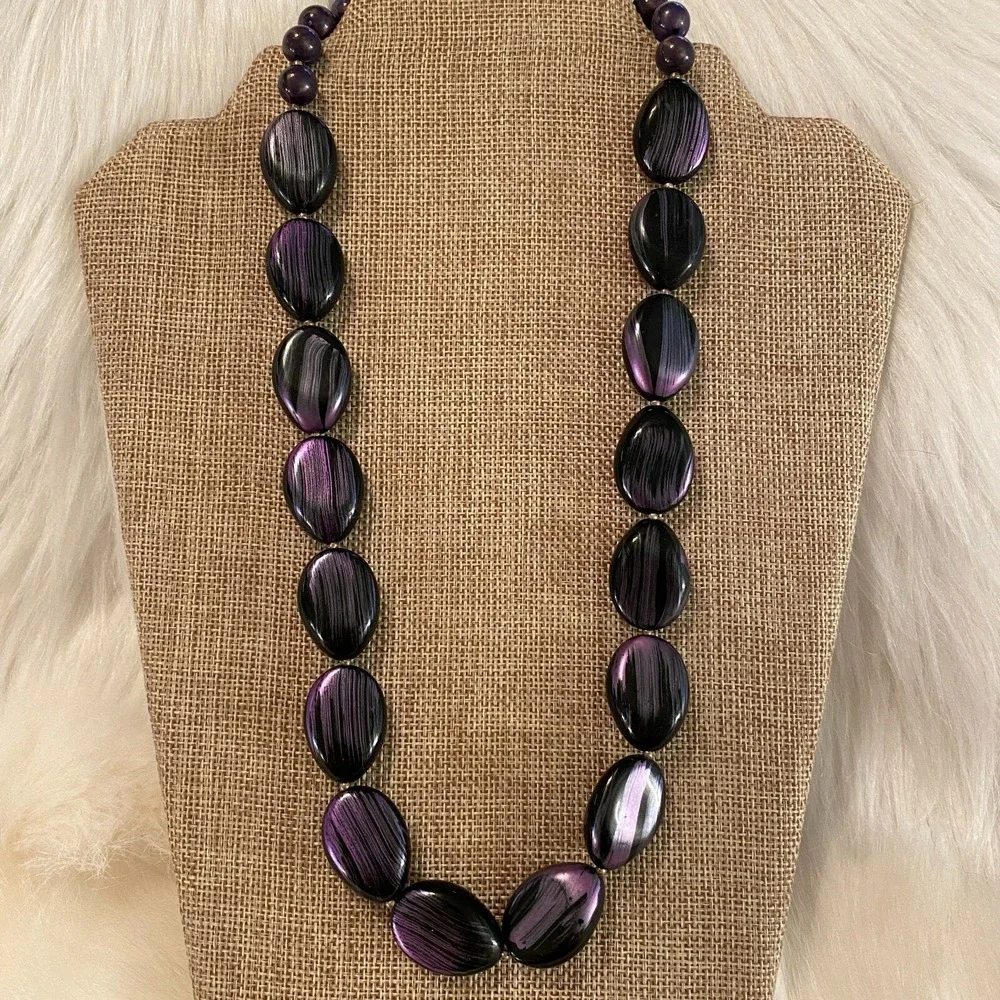 Retro Metallic Purple Necklace Painted Black Beads Y2K Disco Fairy Boho 4785